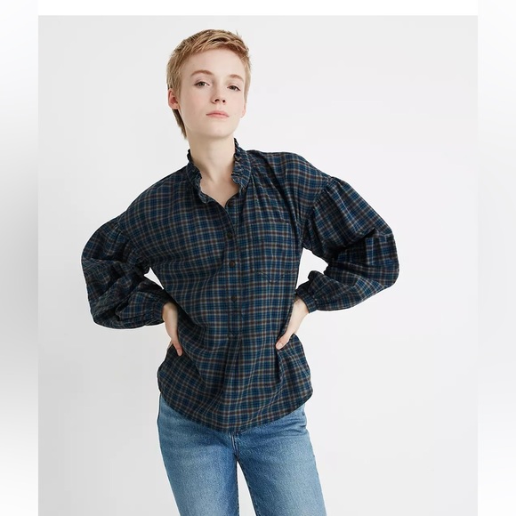 Madewell Plaid Ruffle Neck Popover Top - Picture 1 of 5